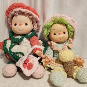 2 Vintage Homemade Crochet  Dolls Set - Pink & Green 14"